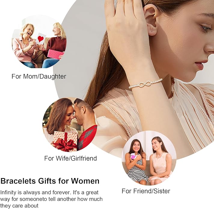 Moissanite Tennis Bracelets For Women, S925 Sterling Silver Infinity Bracelet, 3MM Width 18K Gold Plated White Gold Adjustable Bolo Bracelets- Birthday Valentines Day Gifts For Her Wife Mom
