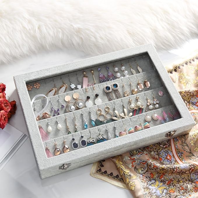 Wudygirl Velvet Jewelry Organizer Clear Lid Earring Holder Organizer 32 Pairs Earrings Storage Stud Tray Showcase Display Case（Earring Storage）