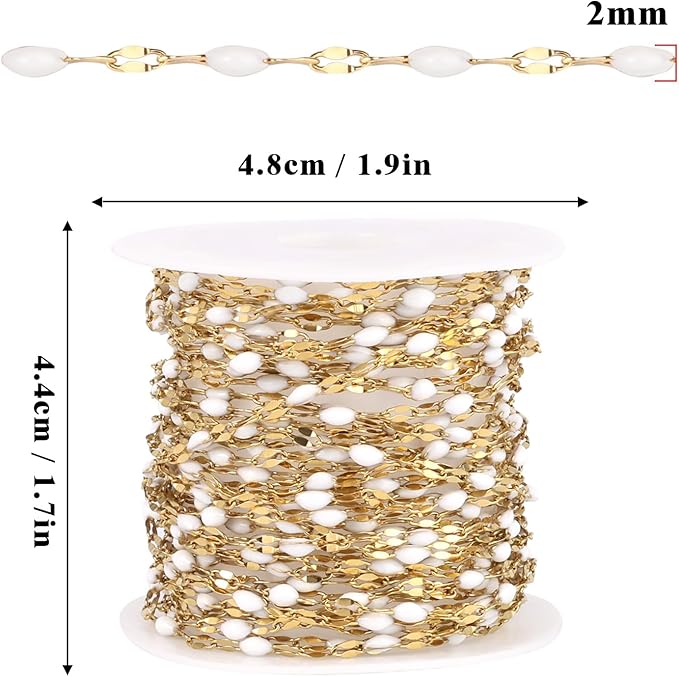 16.5FT Gold White Enamel Dapped Chain Roll, 2MM 18K Gold PVD Plated Stainless Steel Enalem Lip Link Chains Spool Bulk for DIY Jewelry Making