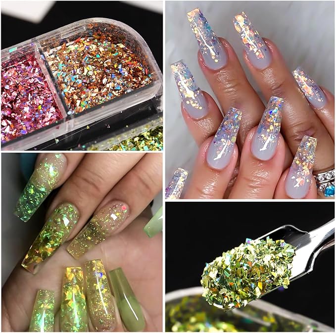 Holographic Nail Glitter Foils Sequins, 36 Colors Sparkly Ultra-Thin Aluminum Foil Nail Art Flakes and Shiny Glitters Mermaid Paillettes Acrylic Supplies for Women Manicure DIY Decorations
