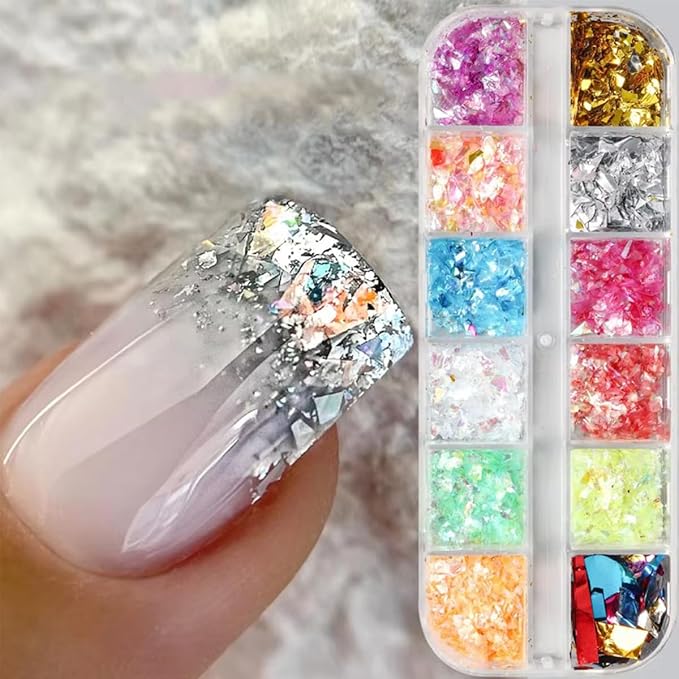 12 Colors Holographic Nail Art Glitter 3D Iridescent Glitter Nail Foil Flakes Ice Slag Nail Glitter Mermaid Flakes Colorful Fluorescent Confetti Nail Sequins Sticker for DIY Manicure Make Up Crafts