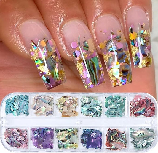 Abalone Seashell Nail Art Slices, Holographic 3D Mermaid Irregular Nail Art Glitter Flakes, Ocean Beach Shell Nail Sequins Supplies for Women Girls Manicure Sparkly Decoration, DIY Resin Nail Art Tips