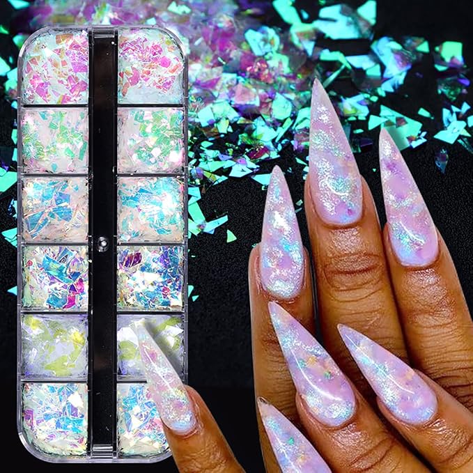 12 Colors Holographic Nail Art Glitter Sequins Iridescent Ice Slag Nail Glitter Flakes Irregular Mermaid Nail Sequins Colorful Fluorescent Glass Paper Nail Decoration for Face Hand Body Make-up DIY