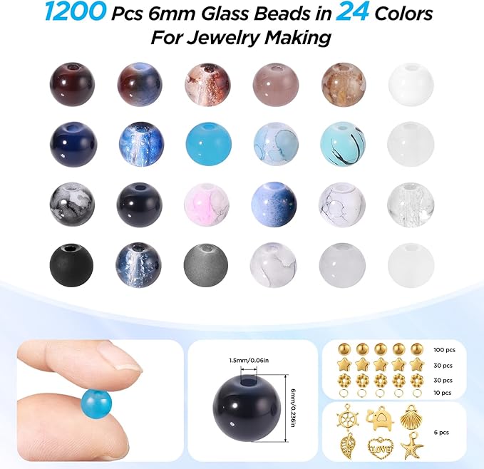 Funtopia Glass Beads for Jewelry Making, 1377pcs Neutral Tones Bracelet Making Kit, 24 Colors 6mm Round Glass Beads, Marble Loose Beads and Gold Spacer Beads, DIY Crafts Gifts for Women Men