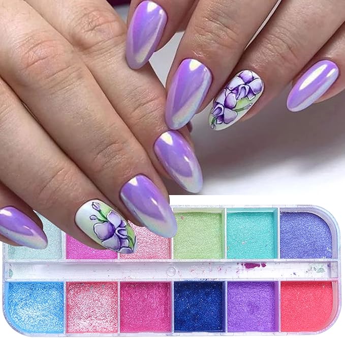 12 Colors Pearl Light Rouge Powder, Aurora Color Pigment Nail Art Dust Designs, Women Girls Manicure Tips Charms Decorations, Acrylic Nails Powder for Nail Art Gel Polish Dipping Liquid