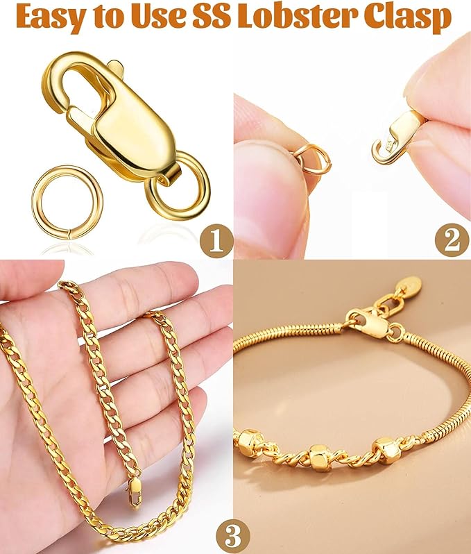 Kcctoo Silver Lobster Claw Clasp with Closed Jump Rings 14K Gold Necklace Clasps and Closures for Jewelry Making, Made in Italy 12mm(0.47inch) (Gold Silver)