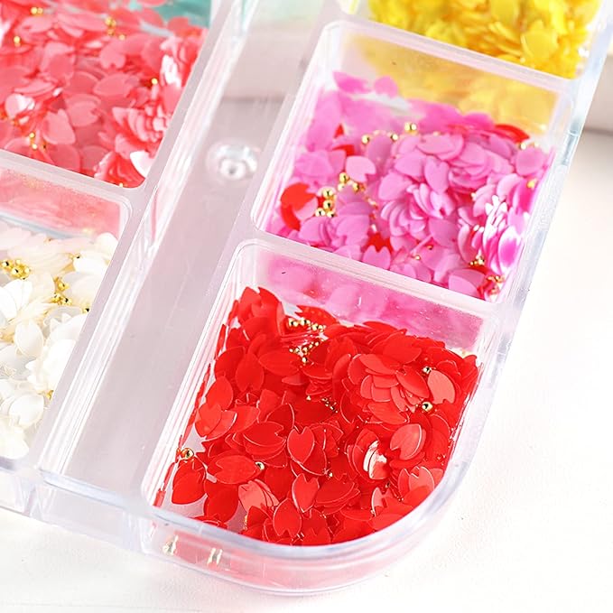 Cherry Petals Glitter, Mixed Flower Beads Rhinestone Decoration Floral Acrylic Nails Designs for Women and Girls Manicure