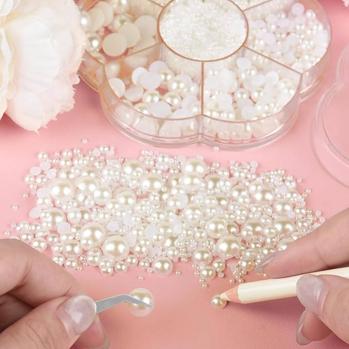 NACHLYNN 6480 Pcs Flat Back Pearl 7 Sizes Half Round Beige Flatback Pearls for Crafts Embellishment Shoes Clothes Bags DIY Making