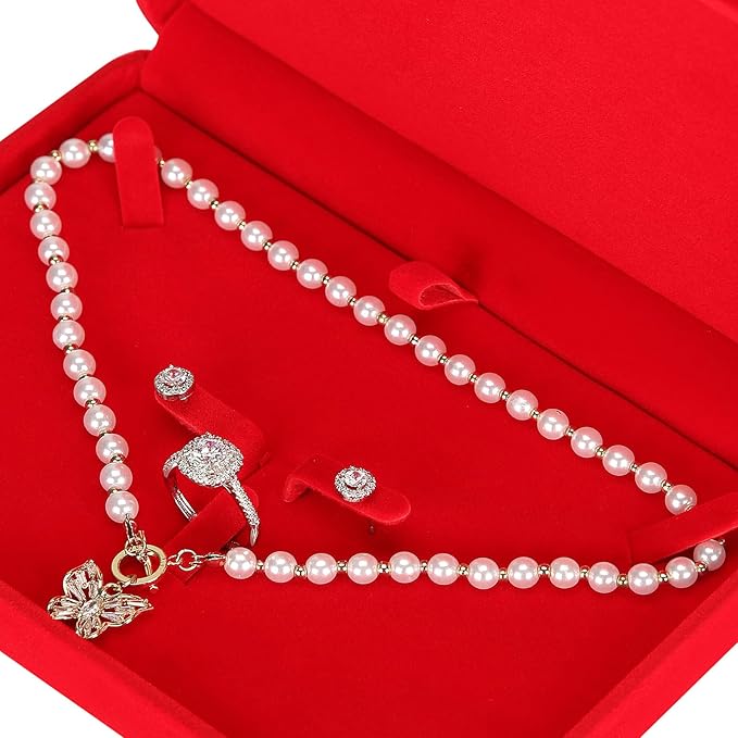 LETURE Large Velvet Jewelry Set Box, Big Necklace and Ring Earring Pendant Gift Box, Pearl Necklace/Chunky Necklace Jewelry Storage Case (Wine Red)