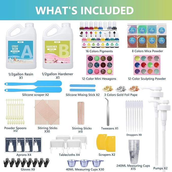 OcePor Epoxy Resin 1 Gallon - Clear Epoxy Resin Kit with 16 Pigments and 8 Colors of Mica Powders - No Yellowing No Bubble Casting Resina for Art Crafts, Jewelry Making & Resina Molds(1/2 Gallon x 2)