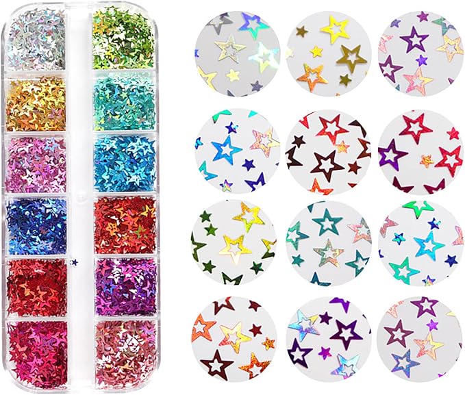 12 Colors Star Nail Art Glitter Sequins, 3D Five-Pointed Star Nail Flakes Designs, Holographic Laser Hollow Star Nail Art Supplies for Women Girls Manicure Sparkle Decorations, DIY Body Makeup Crafts