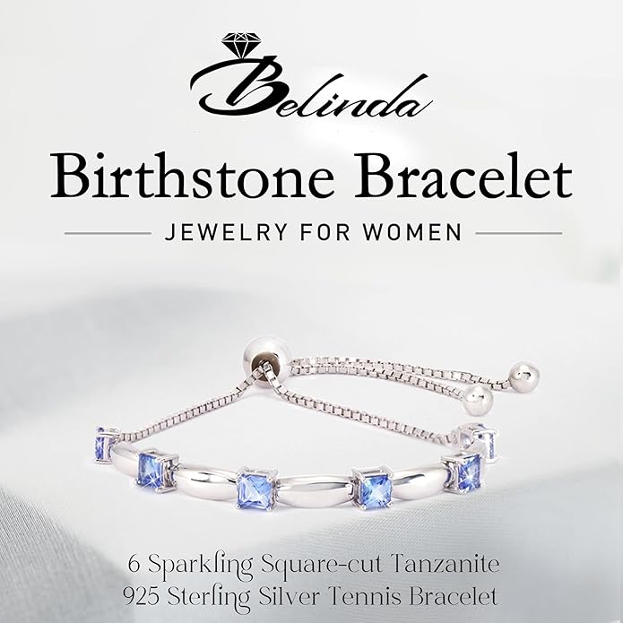Fine Bracelet Tennis Style Pull String Birthstone Jewelry Gift for Women 925 Sterling Silver Square Sparkling Bolo Gemstone Jewelry Adjustable Bracelets