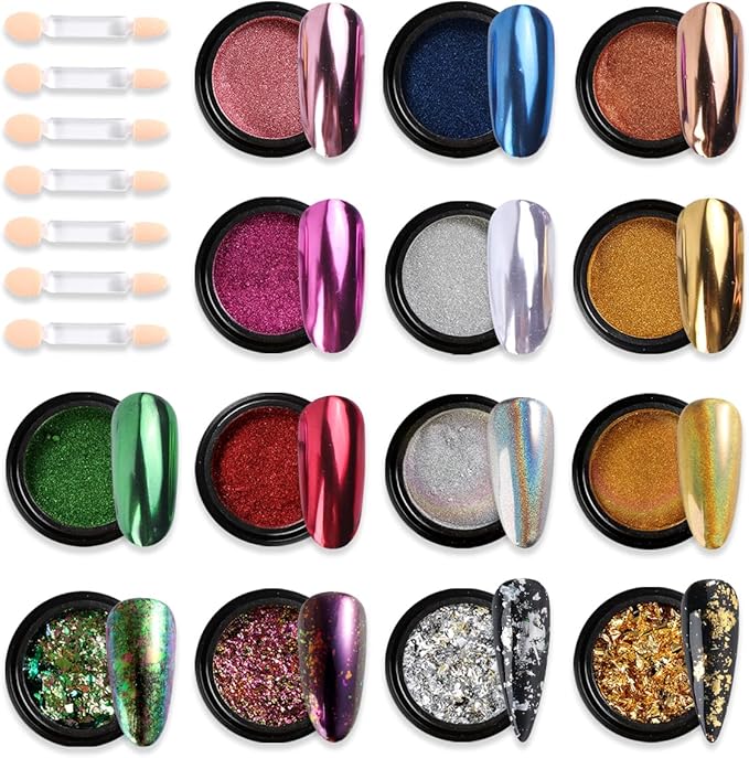 Chrome Nail Powder Set 14 Colors Pink Blue Silver Metallic Effect Mirror Powder for Nails with Brushes Holographic Pigment Chameleon Flakes for Nails Gold Leaf Decoration Nail Supplies