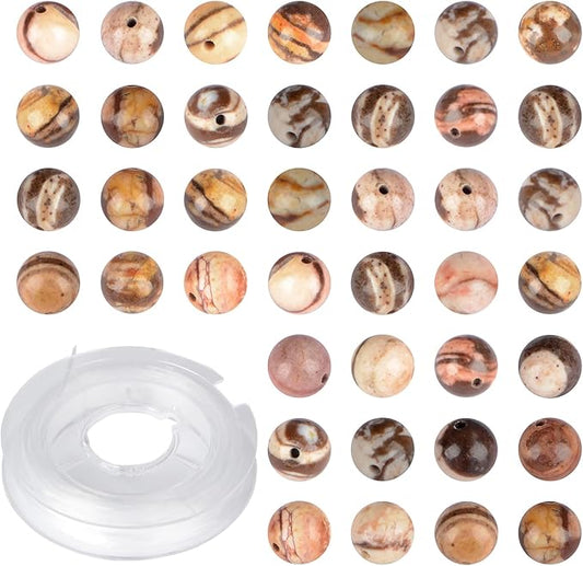 Natural Stone Genuine Stones DIY Round Beads 8mm 100pcs Beading Loose Gemstone Hole Size 1mm Charm Smooth Beads for Bracelets Necklaces Earrings (Brown Zebra Jasper 8mm)