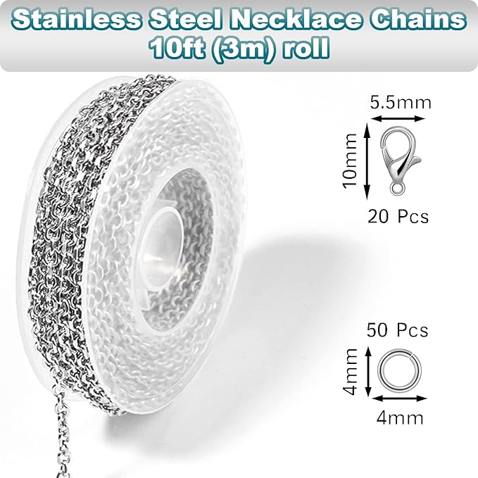 Jishi 33ft Silver Stainless Steel Chain 2mm Jewelry Necklace Link Cable Chain for Jewelry Making Bracelets Earring Craft Supplies DIY Findings - Metal Rolo Link Chain Roll w/Lobster Clasps, Jump Rings