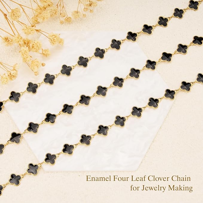 GTVOODX 18k Gold Black Enamel Clover Stainless Steel Chains for Jewelry Making, 3 Meters 8mm Link Chain Bulk Bracelet Necklace Jewelry Making DIY Supplies