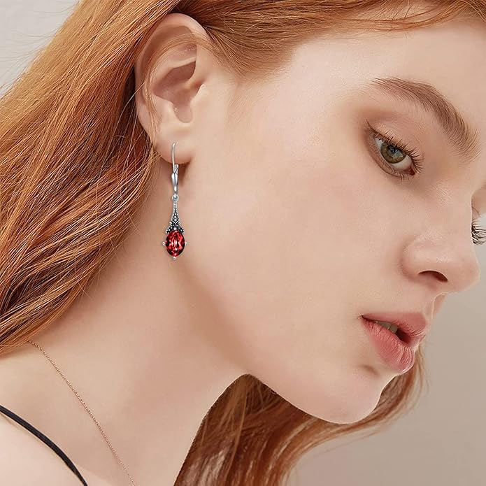 AOBOCO Vintage Earrings for Women Sterling Silver Retro Drop Dangle Leverback Earrings with 8x6mm Oval Genuine or Simulated Birthstone Crystal from Austria, Anniversary Jewelry Gifts for Her (Gift Box)
