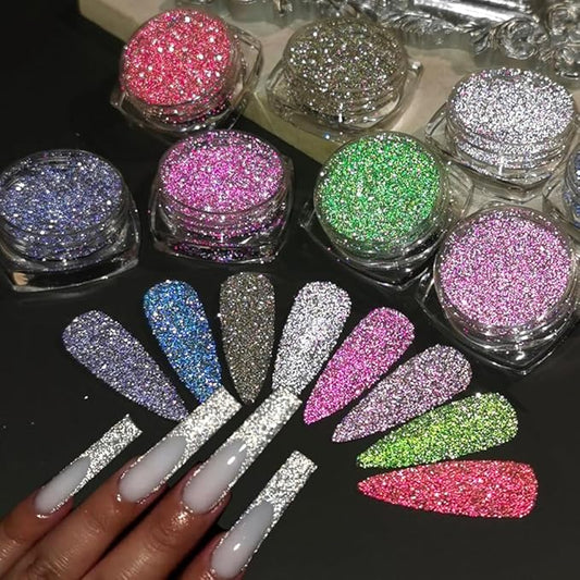 Reflective Glitter Powder Set, 8 Colors Holographic Sparkle Glitter Dust, Flash Diamond Silver Pink Red Purple Blue Shiny Sugar Dipping Pigment DIY Manicure Nail Art Decoration Crafts