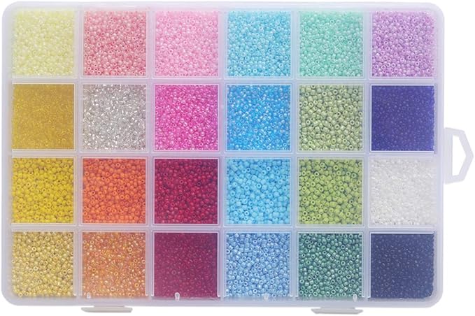 Glass Seed Beads Assorted Kit - Size 12/0 (2mm Tiny), 24 Multicolor Options (24,000pcs Total) with Organizer Box for Adult DIY Jewelry Making