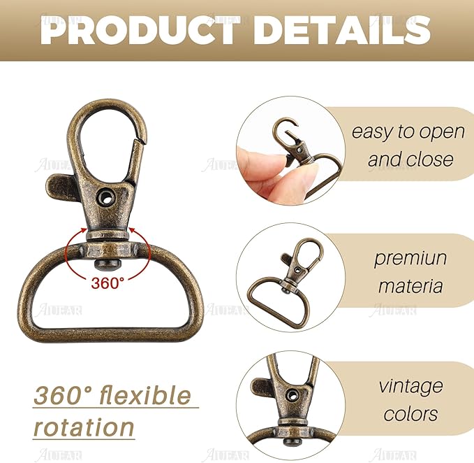 AUEAR, 20 Pack 1 Inch Trigger Snap Hooks Push Gate Swivel Lobster Claw Clasps Clips for Strap Antique Brass (Brown)