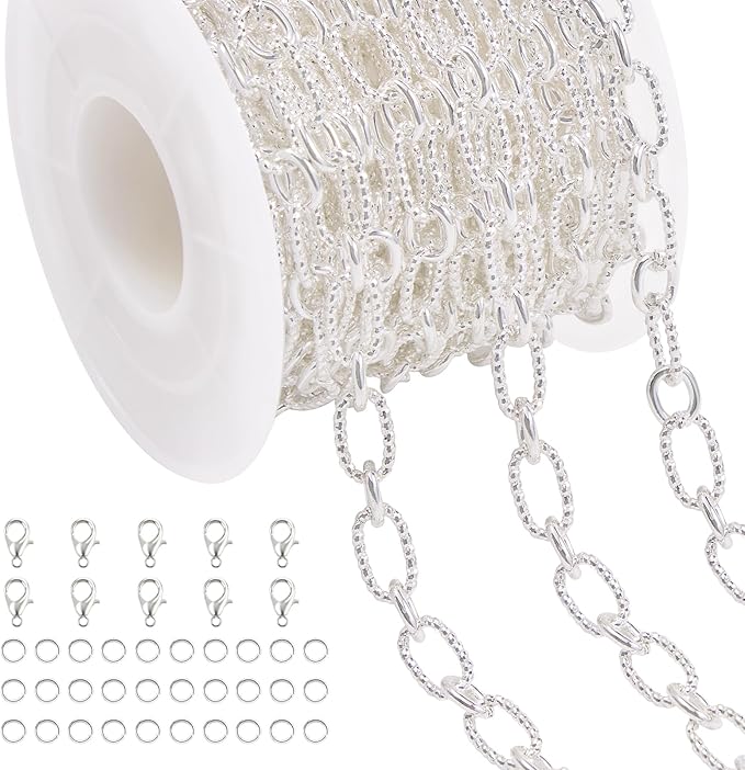 Jabogrii 16.4 Feet Embossed Oval Paperclip Chain for Jewelry Making Silver Metal Chain Roll Craft Jewelry Findings