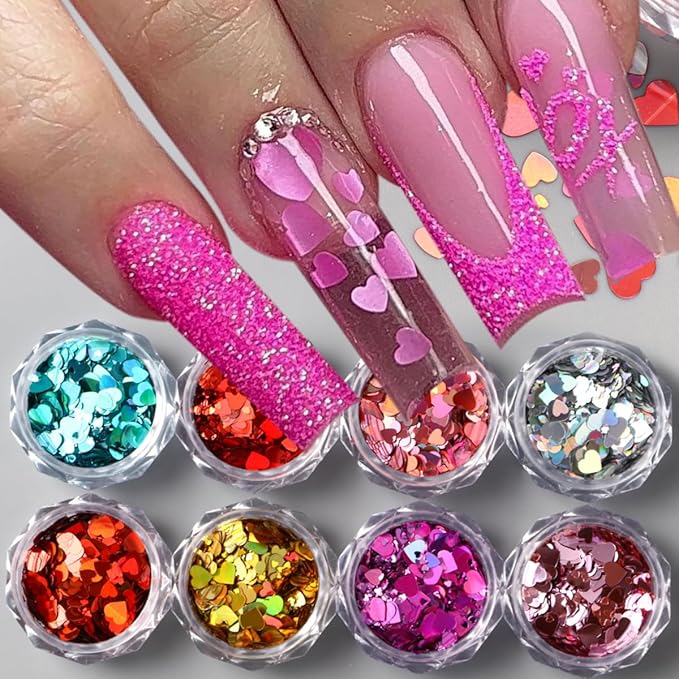 Holographic Valentines Nail Glitter Foils, 8Colors Sparkly Ultra-Thin Foil Nail Art Flakes Design, Laser Heart Nail Sequins Acrylic Supplies for Women Girls Manicure Charms Decor, DIY 3D Nail Art Tips