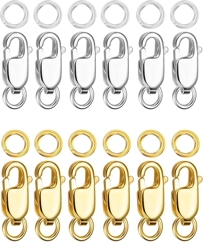 Kcctoo Silver Lobster Claw Clasp with Closed Jump Rings 14K Gold Necklace Clasps and Closures for Jewelry Making, Made in Italy 12mm(0.47inch) (Gold and Silver 12pcs)