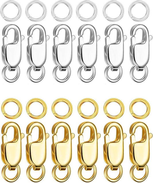 Kcctoo Silver Lobster Claw Clasp with Closed Jump Rings 14K Gold Necklace Clasps and Closures for Jewelry Making, Made in Italy 12mm(0.47inch) (Gold and Silver 12pcs)