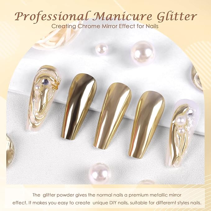 Laza Chrome Nail Powder Mirror Effect Metallic Dust Holographic Glitter Glazed Manicure Decoration Reflective Pigment for DIY Gel Polish Nail Art, Resin Craft, Gifts - Silver Gold