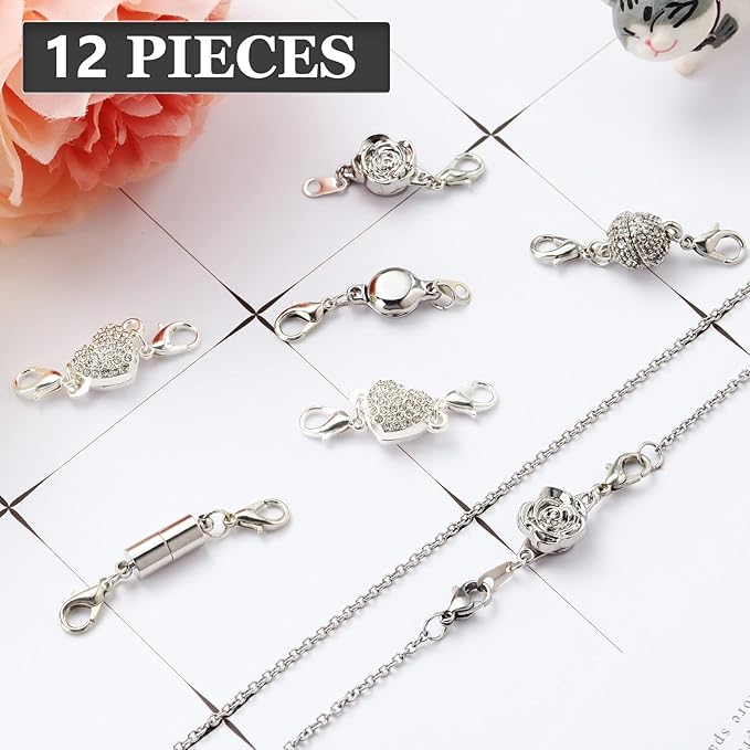 MTLEE 12 Pcs Necklace Magnetic Clasps and Closures Lobster Clasps Silver Magnetic Jewelry Clasps Locking Necklace Extender Round Rhinestone Ball Magnetic Clasps for Bracelets Making Multiple Styles
