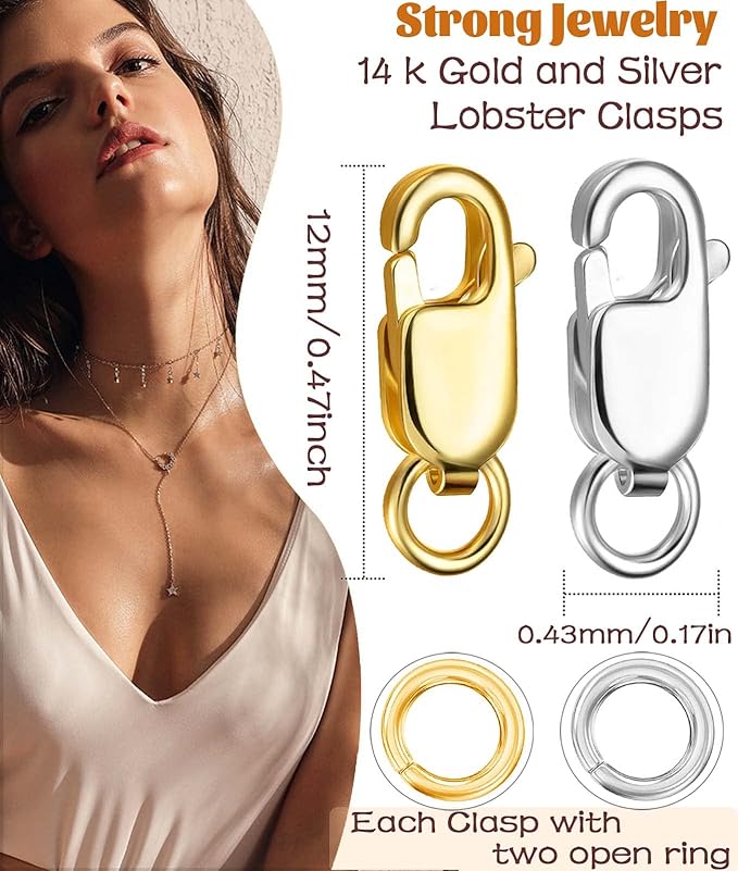 Kcctoo Silver Lobster Claw Clasp with Closed Jump Rings 14K Gold Necklace Clasps and Closures for Jewelry Making, Made in Italy 12mm(0.47inch) (Gold and Silver 12pcs)
