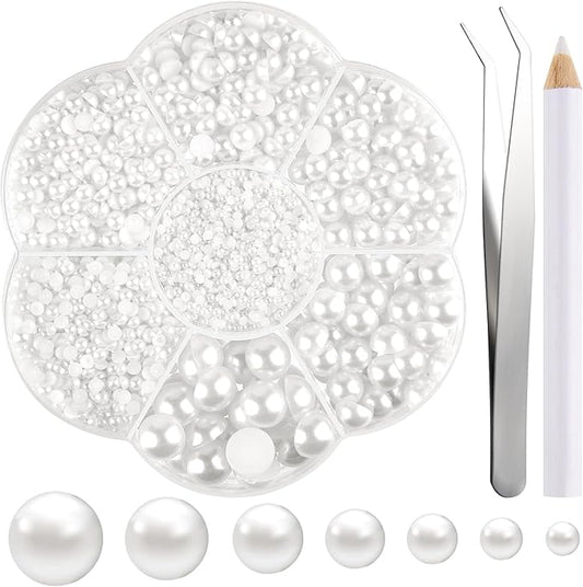 NACHLYNN 6480 Pcs Flat Back Pearls 7 Sizes Half Pearl Bead White Flat Pearls for Nails Graduation Cap Decorations Crafts Embellishment Shoes Clothes Bags DIY Making