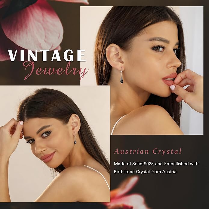 AOBOCO Vintage Earrings for Women Sterling Silver Retro Drop Dangle Leverback Earrings with 8x6mm Oval Genuine or Simulated Birthstone Crystal from Austria, Anniversary Jewelry Gifts for Her (Gift Box)