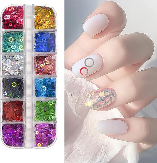 Circle Glitter Nail Art Sequins, 3D Hollow Circle Shape Glitters Flakes Designs, Holographic Laser Shiny Round Nail Supplies for Women Girls Manicure Charms Decorations DIY Resin Nail Art Tips