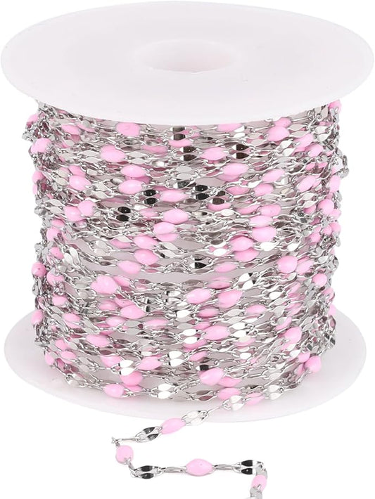16.5FT Pink Enamel Dapped Chain Roll, 2MM Stainless Steel Enalem Lip Link Chains Spool Bulk for DIY Jewelry Making