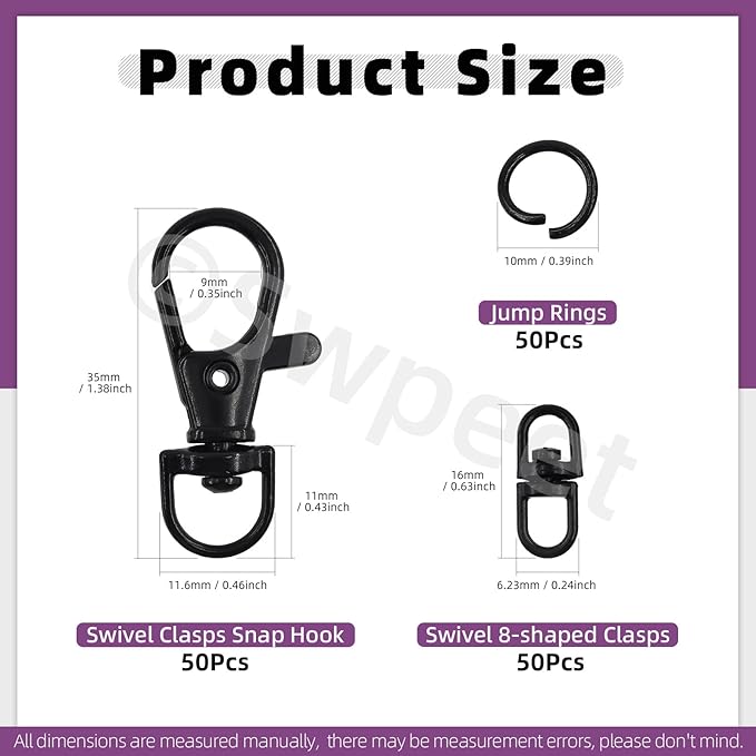 Swpeet Assorted 150Pcs Black Keychain Making Kit, 50Pcs Swivel Lobster Claw Clasps, 50Pcs Rotating 8-Shaped Buckle Claw Clasp, 50Pcs Jump Ring, Swivel Trigger Hook, Swivel Clasps Lanyard Snap Hook