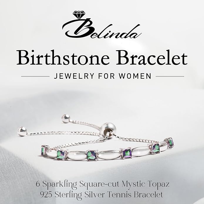 Fine Bracelet Tennis Style Pull String Birthstone Jewelry Gift for Women 925 Sterling Silver Square Sparkling Bolo Gemstone Jewelry Adjustable Bracelets