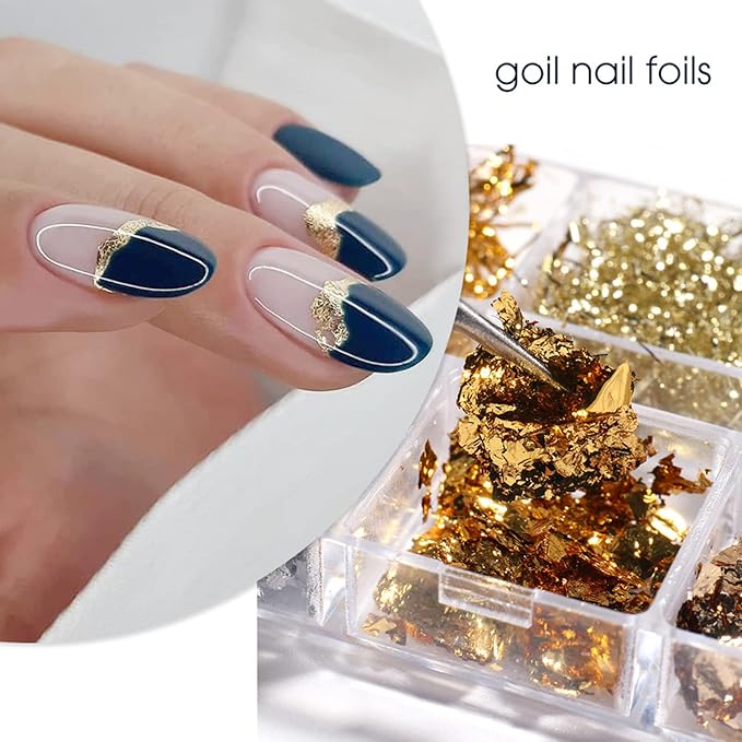 Nail Art Foil Glitter Flakes, Holographic Ultra-Thin Aluminum Foil Sequins Design, Metallic 3D Sparkly Nail Foils Acrylic Supplies for Women Girls Manicure Shiny Decorations, Gold Foil Nail Art Tips