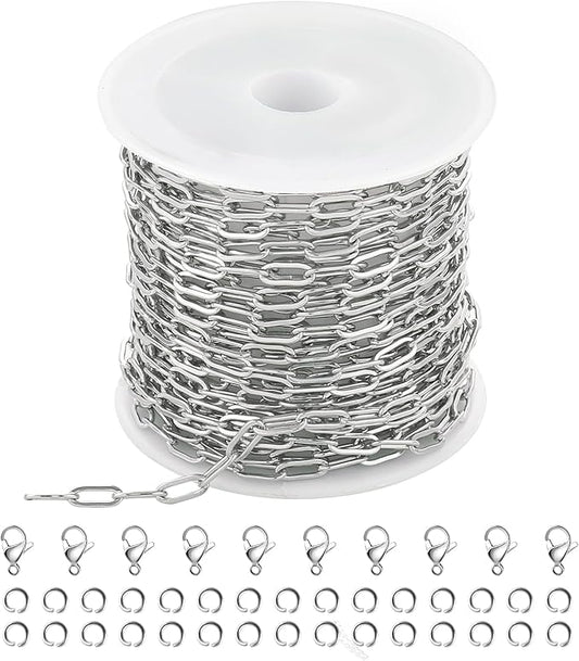 Kyutong 16.4 Feet Stainless Steel Chain Link with Spool Soldered Silver Chains for Jewelry Making 3MM Paperclip Necklace Chains Bulk for DIY Craft Bracelet Ankle Finding Supplies