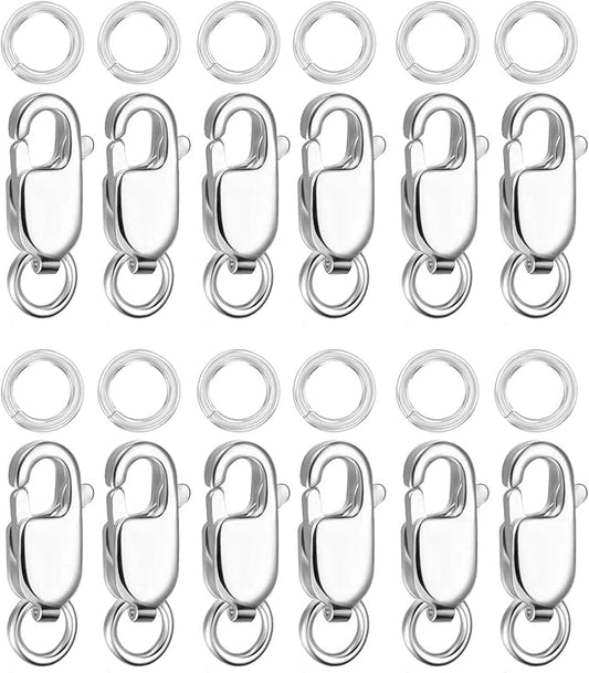 Kcctoo Silver Lobster Claw Clasp with Closed Jump Rings 14K Gold Necklace Clasps and Closures for Jewelry Making, Made in Italy 12mm(0.47inch) (Silver 12pcs)