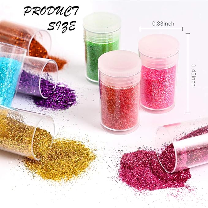 Extra Fine Glitter, Set of 24 Colors Nail Arts Cosmetic, Resin Crafts Loose Glitter Powder Shaker for Face Body Hair Eye Lip Gloss Makeup, Slime and Tumbler Making (8g)