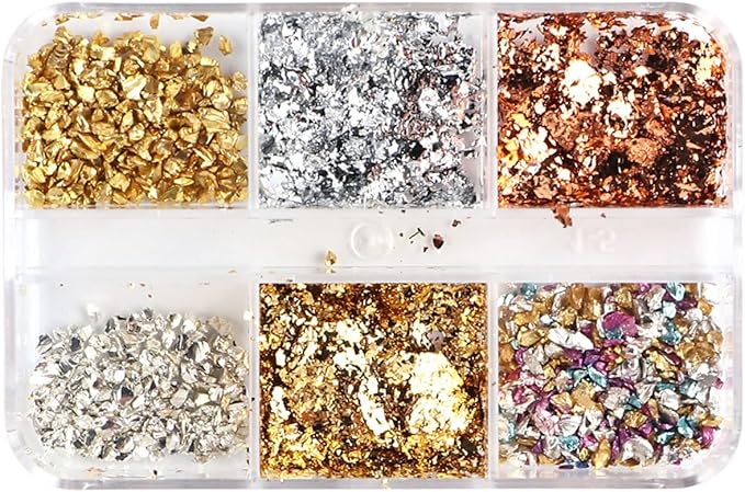 6 Grids Metallic Nail Art Foil Flakes,Gold Nail Glitter Flake Holographic Glitters Sequins 3D Sparkly Aluminum Foil Flake Gold Silver Nails Glitter Flakes Nail Art Supplies for Women