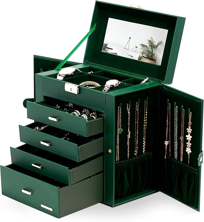 Homde Synthetic Leather Huge Jewelry Box Mirrored Watch Organizer Necklace Ring Earring Storage Lockable Gift Case (Forest Green + Gold)