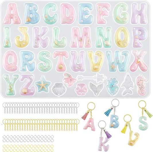 Alphabet Keychain Molds with Hole, 121Pcs Reversed Alphabet Silicone Molds for Resin Letter Number Epoxy Casting Molds Keychain Making Kit with Key Ring O Ring for Resin Crafts