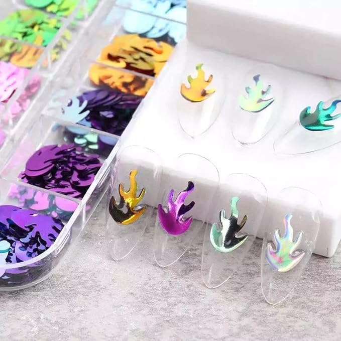 Flame Glitter Nail Art Sequins, 3D Sparkly Fire Flame Shape Nail Flakes Designs, 12 Colors Holographic Laser Flame Glitter Nail Supplies for Women Girls Manicure Charms Decorations, DIY Shiny Nail Art