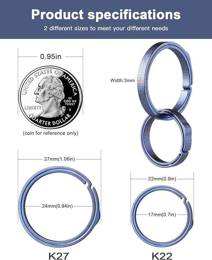 TISUR Titanium Key Ring,Elegant Quick Release Side Pushing Split Rings Kit for Keychains,Heavy Duty Keyring for Dog Tag