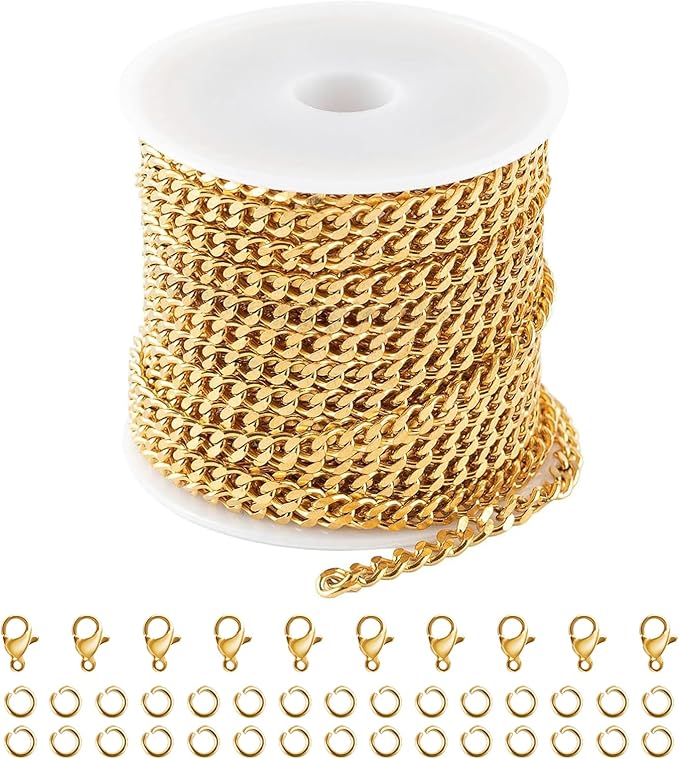 Kyutong 16.4 Feet Gold Plated Craft Chains for Jewelry Making Stainless Steel Curb Chain Roll for Women Men Necklace Bracelet DIY Supplies Findings