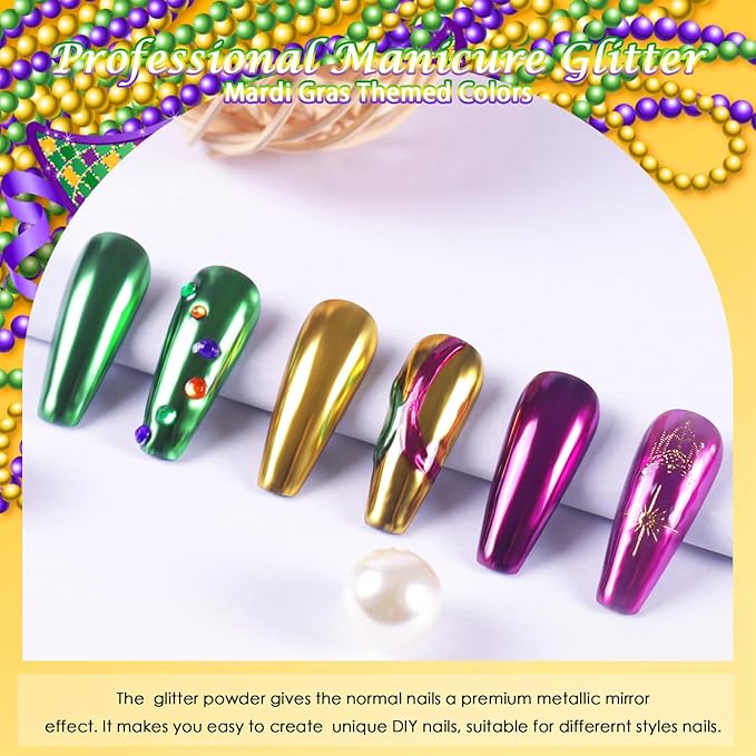 Laza 3 Colors Mardi Gras Chrome Nail Powder Mirror Effect Metallic Dust Holographic Glitter Manicure Decoration Reflective Pigment for DIY Gel Polish Nail Art, Resin Craft, Gifts - Gold Green Purple