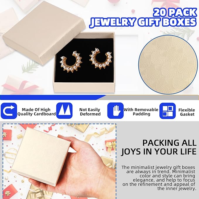 Glarks 12Pcs 3.5x3.5x1 Inch Beige Cardboard Paper Jewelry Gift Boxes with Scissors and Ribbon Set, Bracelets Bangle Necklace Earring Gift Case for Birthday Wedding Jewelry Storage Packaging Display