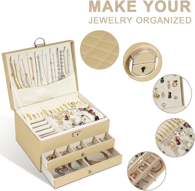 GUOER Jewelry Box for Women Girl Wife 3 Layers Large PU Leather Jewelry Organizer Storage Case with Two drawers Display for Earrings Bracelets Rings Watches (Champagne)